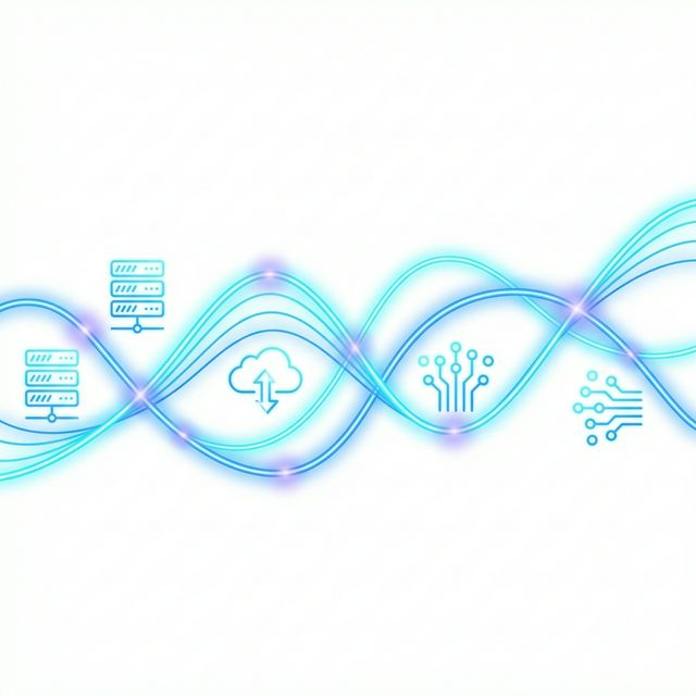 Neon wave lines flowing through data centers and cloud infrastructure