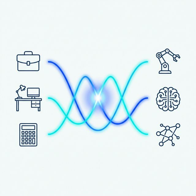 Traditional job icons crossing over to new AI-era roles through neon wave lines