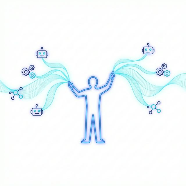 Human figure directing flowing AI agent wave lines like a conductor
