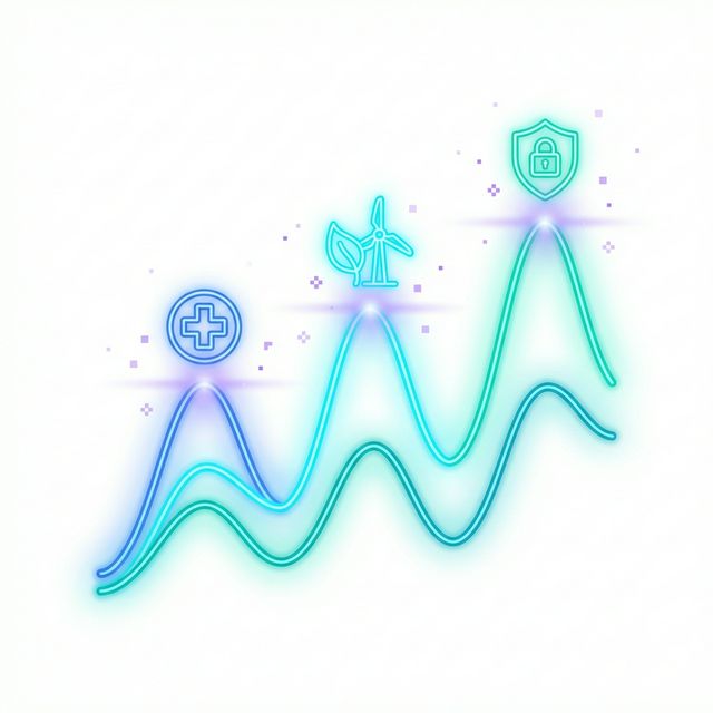 Three rising growth lines with healthcare, green energy, and cybersecurity icons at peaks