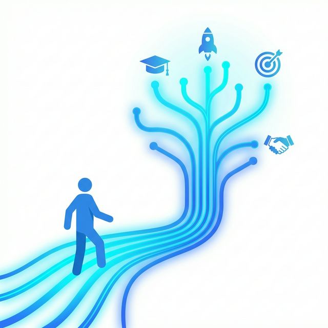 Person stepping forward on a glowing path branching into rising opportunities